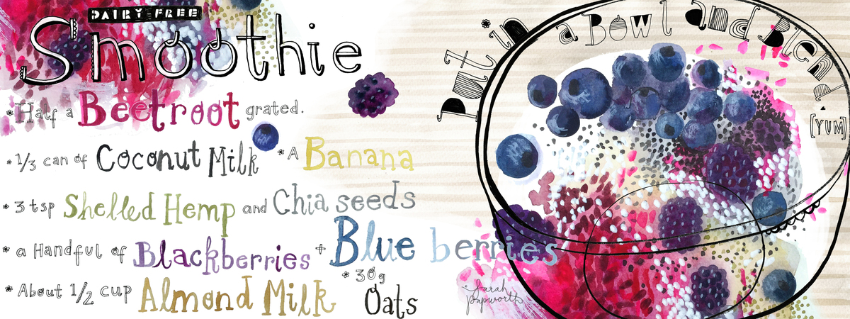 Dairy-free Berry Smoothie by Sarah Papworth They draw and cook dairy free berry smoothie illustration by sarah papworth
