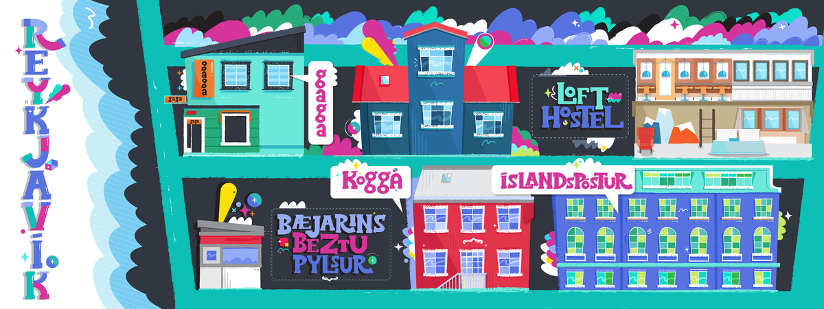 Colorful Reykjavík, Iceland by The Googly Gooeys They draw travel map of reykjavik %28by the googly gooeys%29