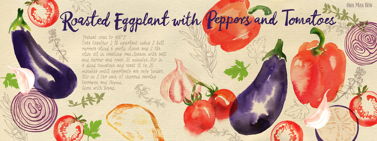 Roasted Eggplant with Peppers and Tomatoes by Ohn Mar Win