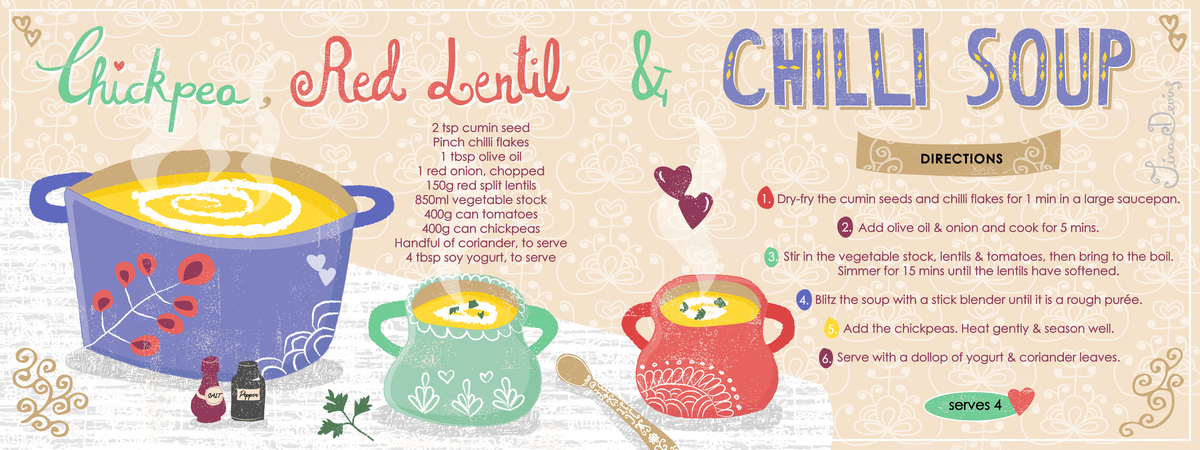 Chickpea, Red Lentil & Chilli Soup by Tina Devins Chickpea red lentil chilli soup tina devins they draw and cook