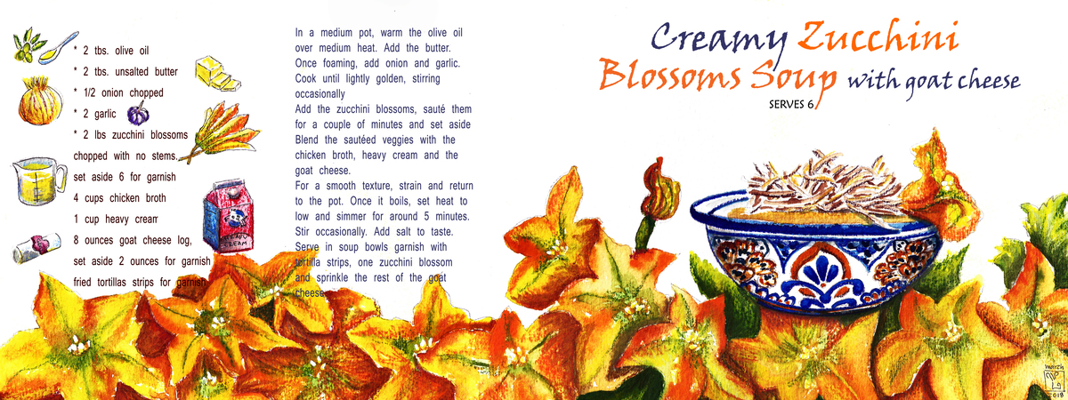 Creamy Zucchini Blossoms Soup with Goat Cheese by yarartstudio Creamy zucchini with text recipe