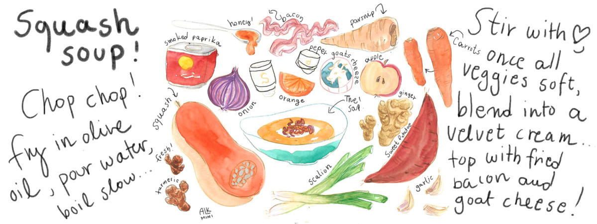 Cozy Squash Soup by Alkminnie Nestoridou Squash recipe illo
