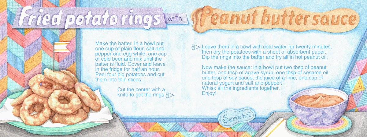 Fried potato rings with peanut butter sauce by Sara Tassan Mazzocco