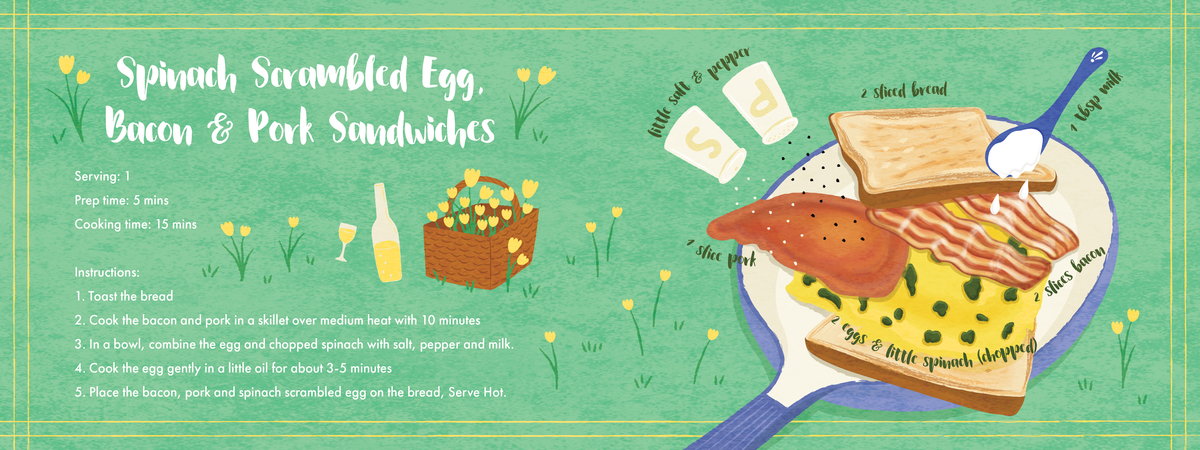 Spinach scrambled Egg, Bacon and Pork Sandwiches by ANNG LEIS