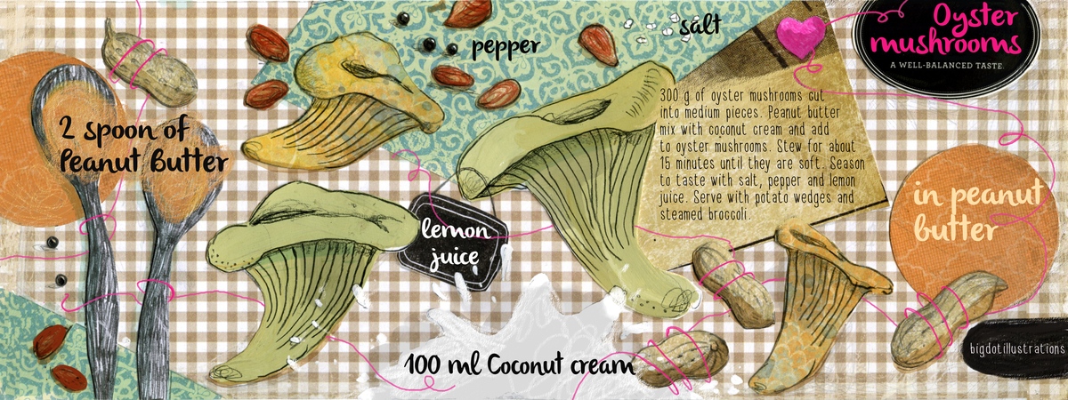 Oyster mushrooms in peanut butter by Bigdotillustrations