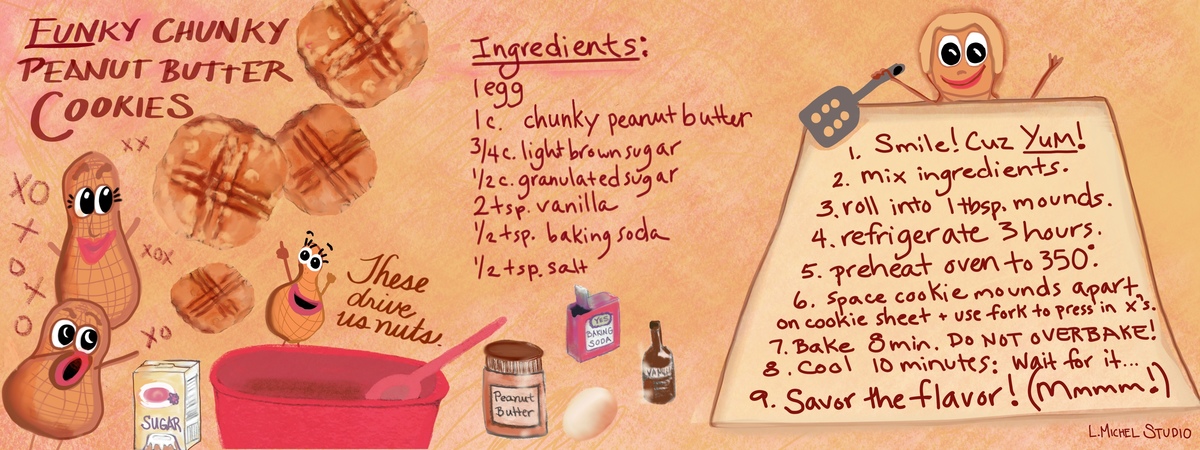Funky Chunky Peanut Butter Cookies by L. Michel Studio Funky chunky recipe illo lmichel