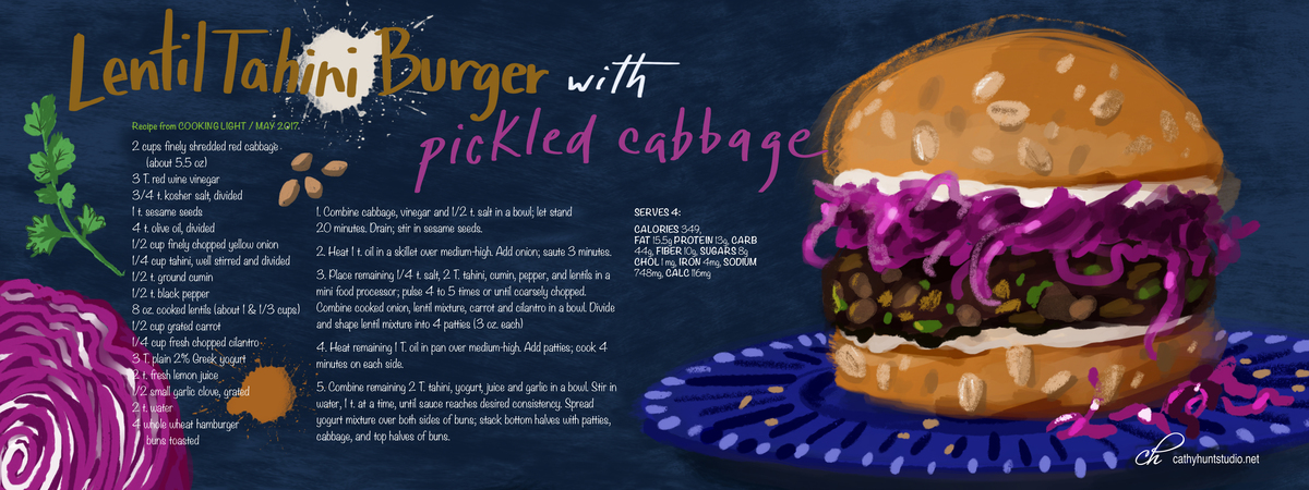 Lentil Tahini Burger with Pickled Cabbage by Cathy Hunt