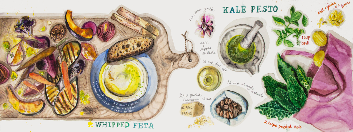 grilled vegetable board with whipped feta and kale pesto by Taya T. Haught