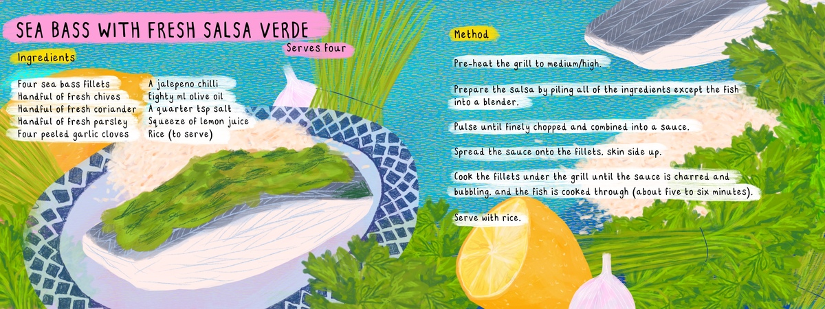 Sea Bass with Fresh Salsa Verde by Christine Cuddihy Illustration