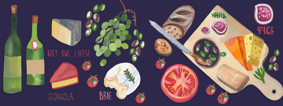 Cheeseboard and wine by Sally Darby