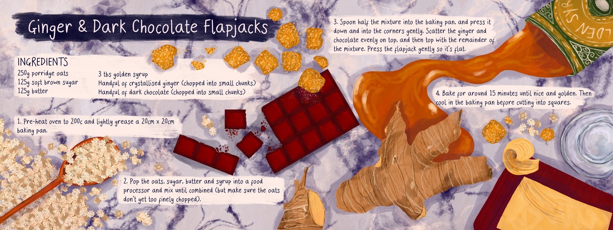 Ginger and Dark Chocolate Flapjacks by Christine Cuddihy Illustration