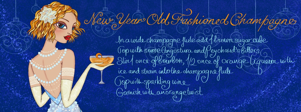 Happy New Year Old Fashioned Champagne Cocktail by Mariya Paskovsky Illustration
