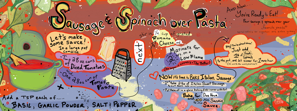 Sausage & Spinach over Pasta by Arielle Katarina