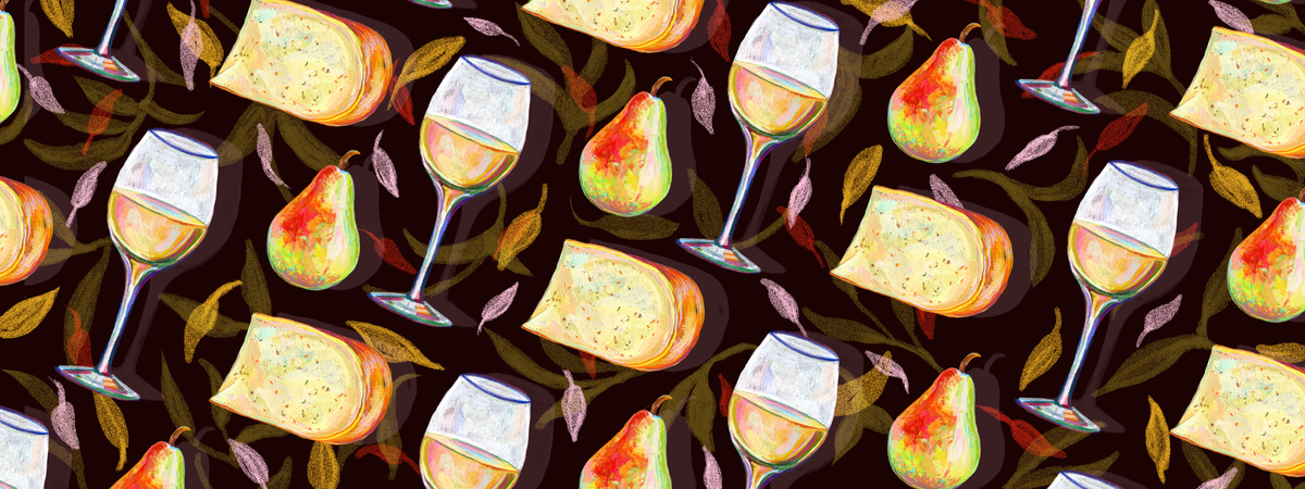 Gouda Cheese, Pear & Pinot Grigio Pattern by Kelsey Reilly Illustration