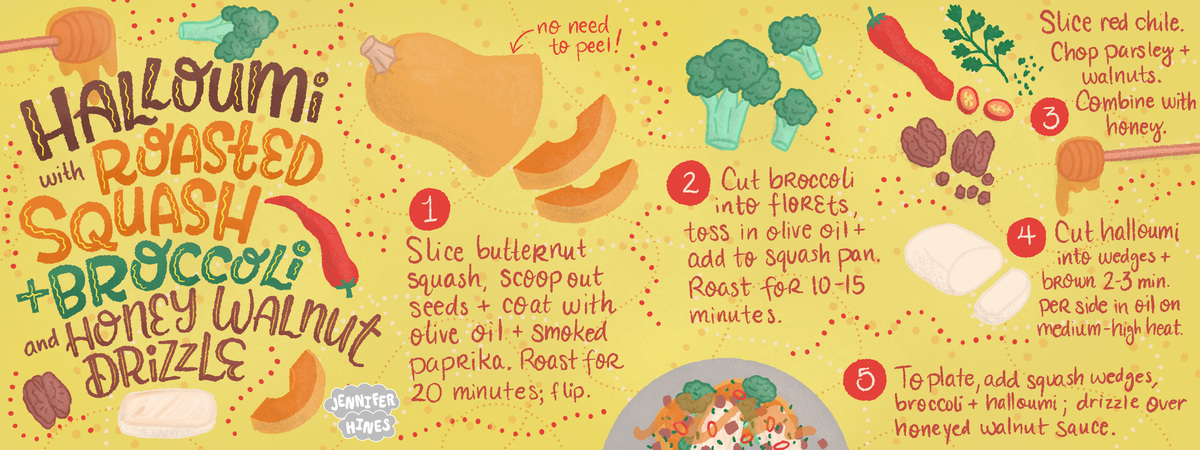 Halloumi with Roasted Squash, Broccoli, and Honey Walnut Drizzle by Jennifer Hines