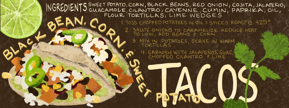 Black Bean, Corn, and Sweet Potato Tacos by hellbender atelier