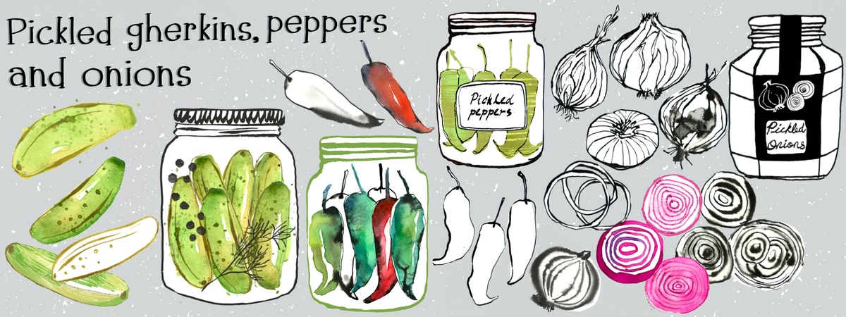 Pickled gherkins, peppers and onions by Ashlesha Vyas