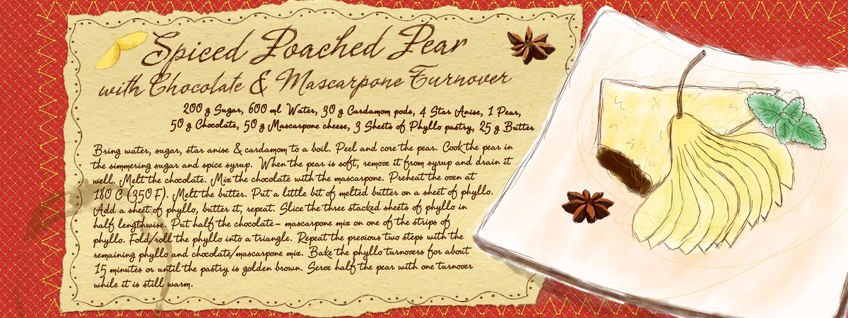 Spiced Poached Pear with Chocolate and Mascarpone Turnover by Mimi Cummins