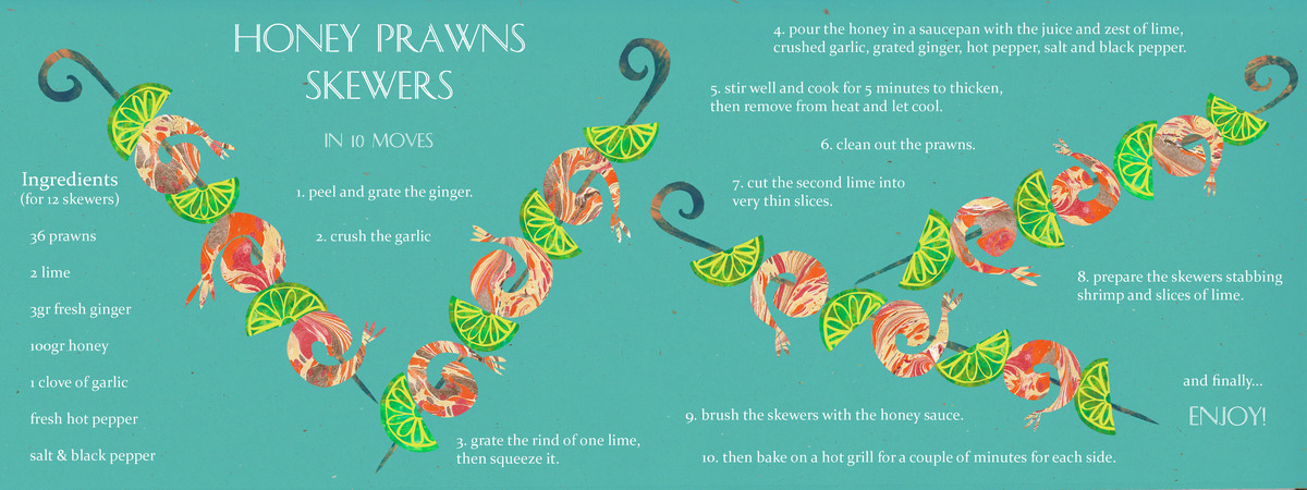 Honey prawns skewers by Sara Gitto