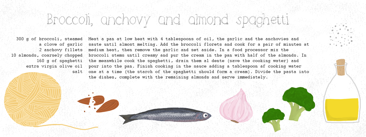 Broccoli, anchovy and almond spaghetti by Virginia zucchero e zenzero