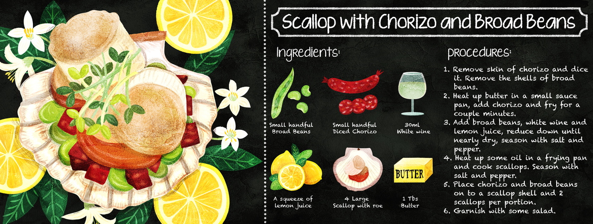 Scallop with Chorizo and Broad beans by Liv Wan