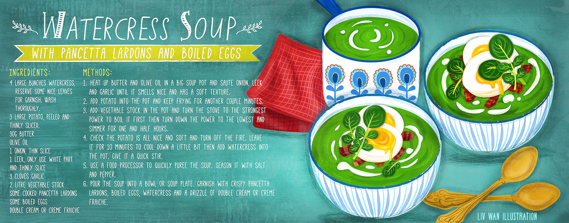 Watercress Soup with Pancetta Lardons and Boiled Eggs by Liv Wan