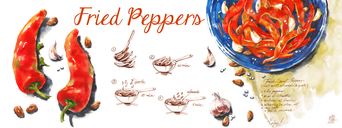Fried Red Peppers with Garlic and Almonds by Aliona Bereghici Red peppers