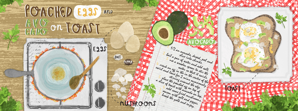 Poached eggs and avocado on toast! by illustrative sponge