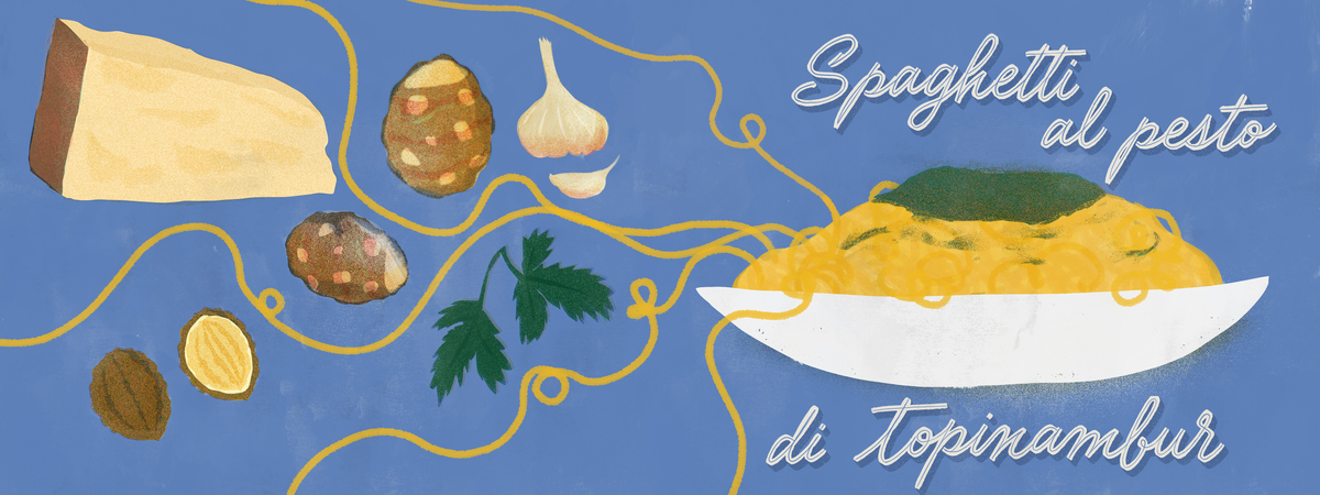Spaghetti al pesto di tominambur by Lucia Calfapietra Pest topinambur