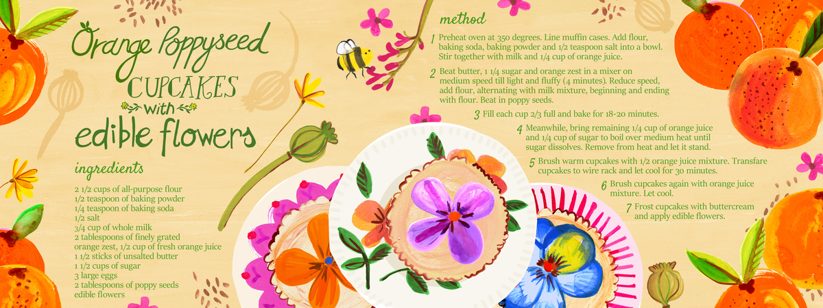 Orange Poppy seed cupcakes with edible flowers by Emma Jayne