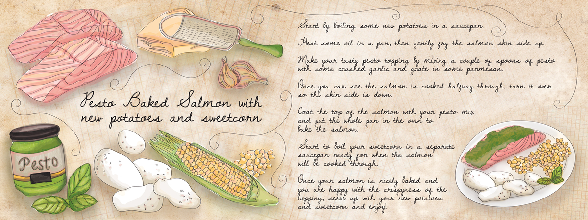 Pesto Baked Salmon with New Potatoes and Sweet Corn by Sarah Chidwick