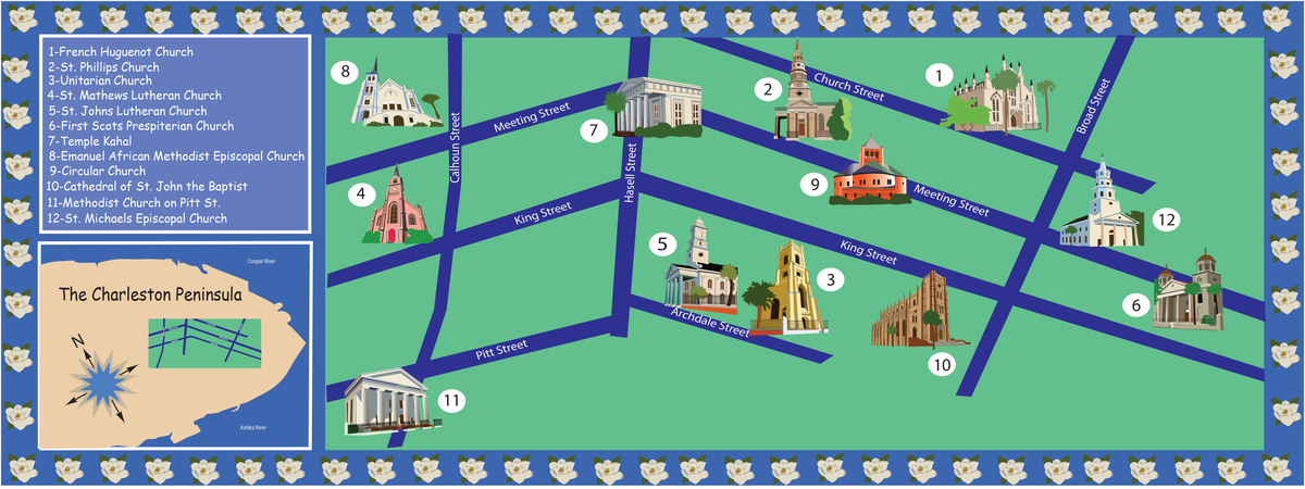 The Historic Churches of Charleston, South Carolina by Robert Frankis Charleston curches map flattened